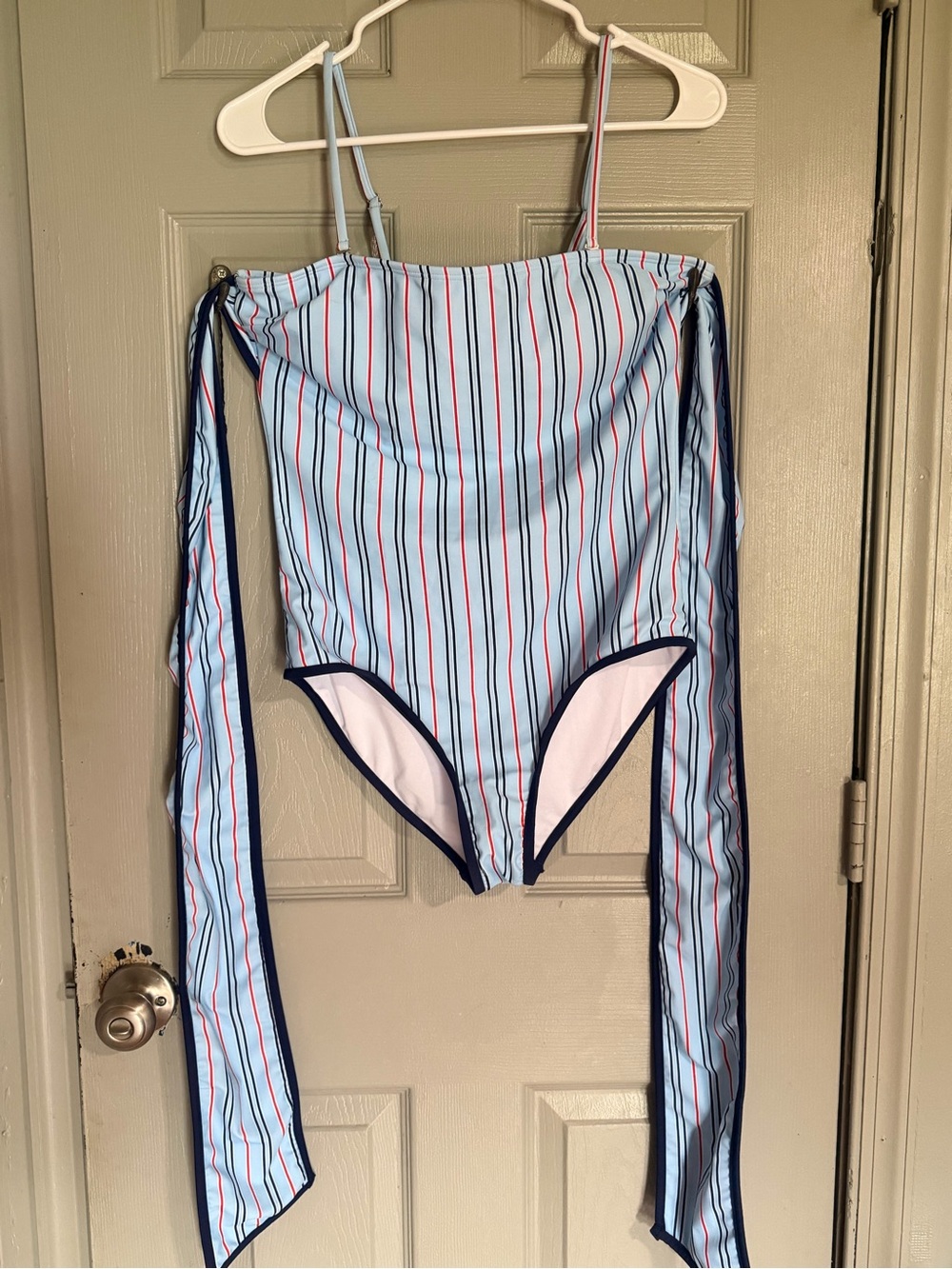 & Other Stories Light Blue One-Piece Swimsuit with Red and Navy Stripes